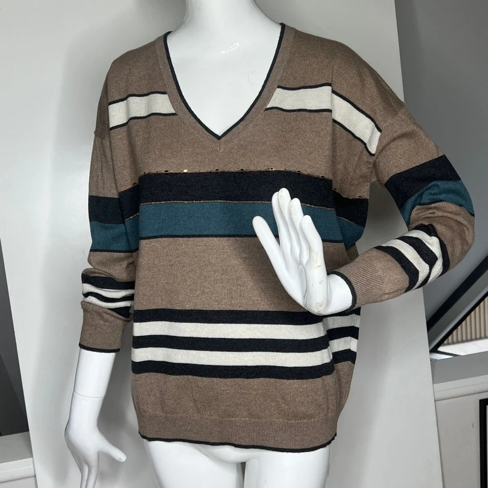 Brunello Cucinelli Sz M 100% Cashmere Rose Gold Monili Sequins V Neck Sweater